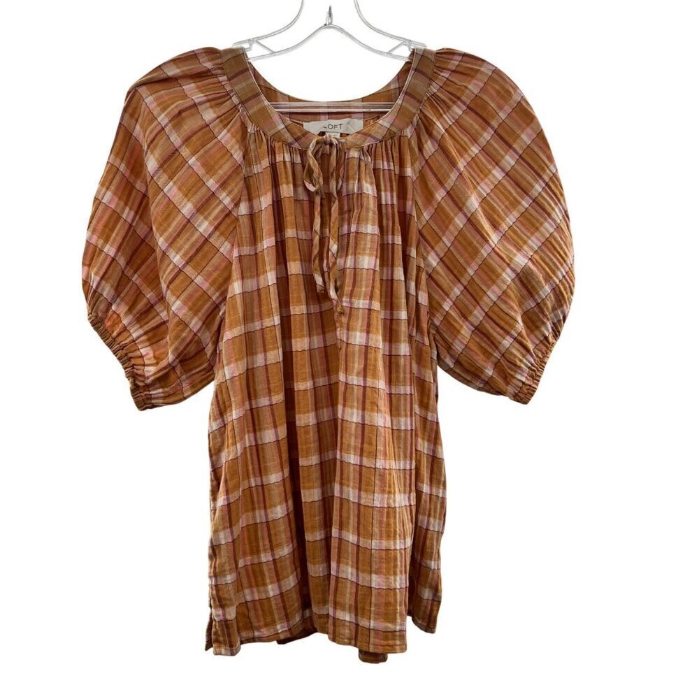 Loft Women's Plaid Short Balloon Sleeve Top Orange/Multi Size Small